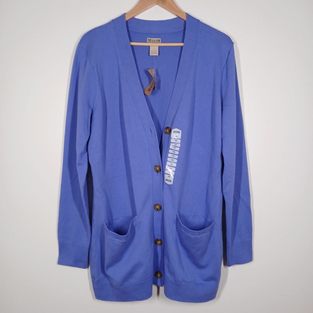 Duluth Trading Co Shiftless Cardigan Women L Blue Cotton Blend V-Neck Pocket